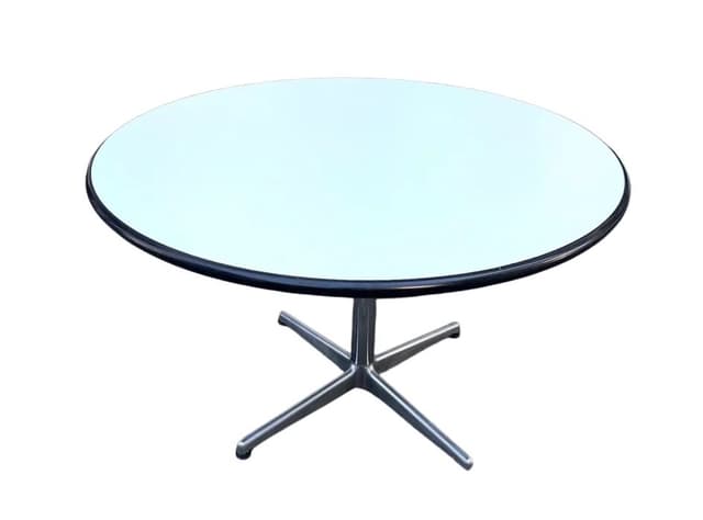 Dining table, white laminate, silver stainless steel, by A. Castelli Ferrieri, Anonima Castelli, Italy, 1970s. - DIMENSION
