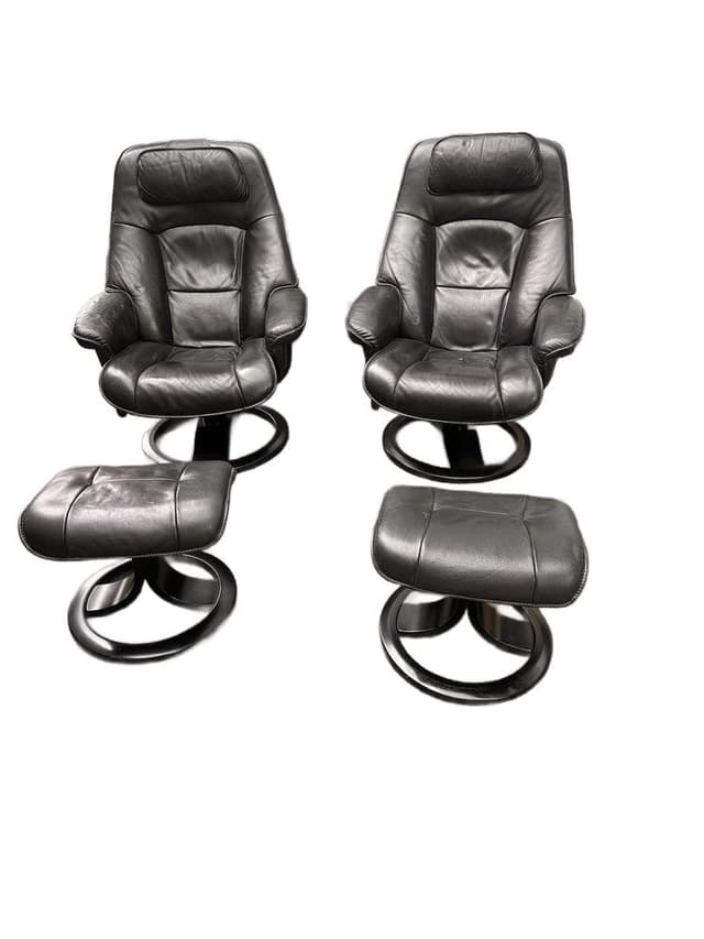 Zestaw fotel z podnóżkiem Stressless Ekornes, skóra czarna, drewno czarne, Norwegia, lata 80. - WYMIARY