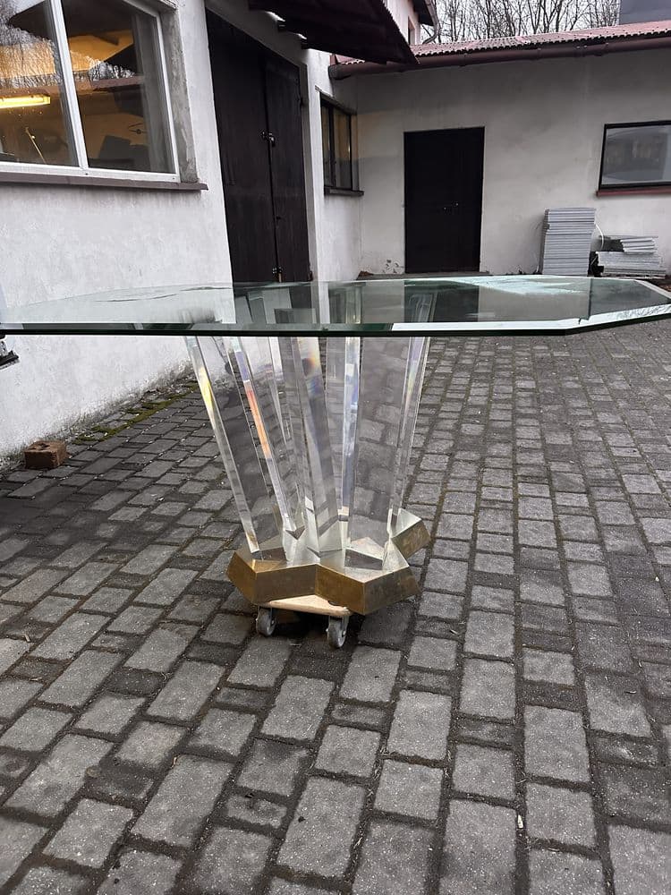 Dining Table Hollywood Regency, transparent glass, transparent acrylic, gold brass, USA, 1970s - 308262