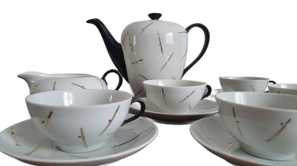 Zestaw serwisowy Julita, biały czarny złoty, porcelana, proj. E. Ruszczyński, Polska, lata 70.