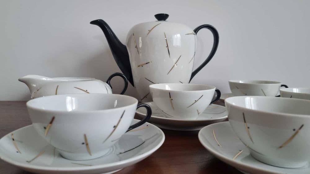 Zestaw serwisowy Julita, biały czarny złoty, porcelana, proj. E. Ruszczyński, Polska, lata 70. - 308371