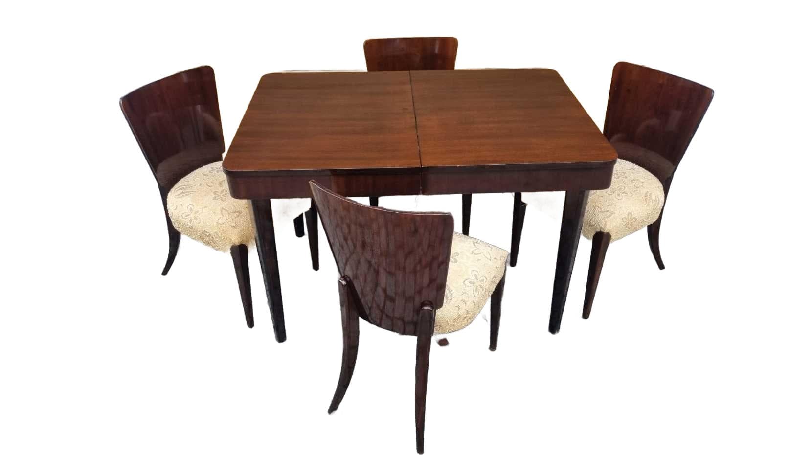 Dining set Art Deco H-214, brown walnut, beige cotton, by J. Halabala, UP Závody, Czechoslovakia, 1940s.