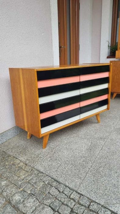 Sideboard U-450, brown wood, black, pink and white fronts, by J. Jiroutek, Interier Praha, Czechoslovakia, 1960s. - 308352