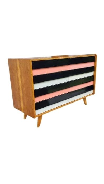 Sideboard U-450, brown wood, black, pink and white fronts, by J. Jiroutek, Interier Praha, Czechoslovakia, 1960s.