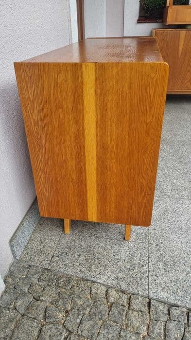 Sideboard U-450, brown wood, black, pink and white fronts, by J. Jiroutek, Interier Praha, Czechoslovakia, 1960s. - 308353
