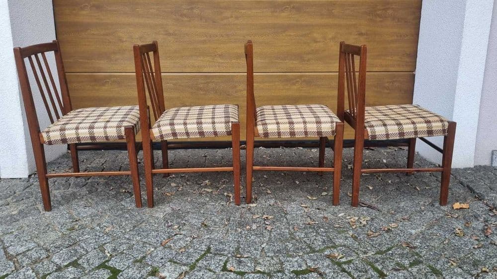 Five-piece dining set, Scandinavian, brown wood, beige cotton, Poland, 1960s. - 308325