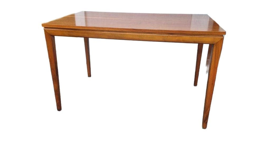 Five-piece dining set, Scandinavian, brown wood, beige cotton, Poland, 1960s.
