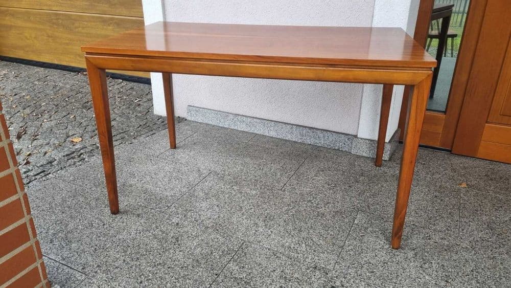Five-piece dining set, Scandinavian, brown wood, beige cotton, Poland, 1960s. - 308326