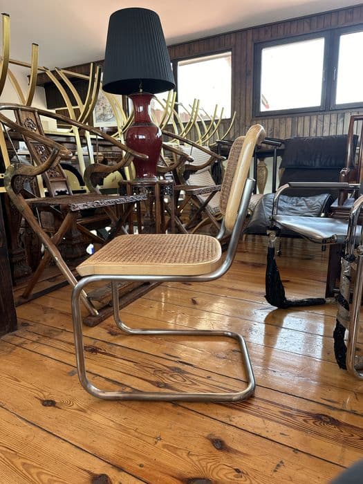 Krzesło S32, stal srebrna, rattan brązowy, proj. M. Breuer, Niemcy, lata 90. - 308235
