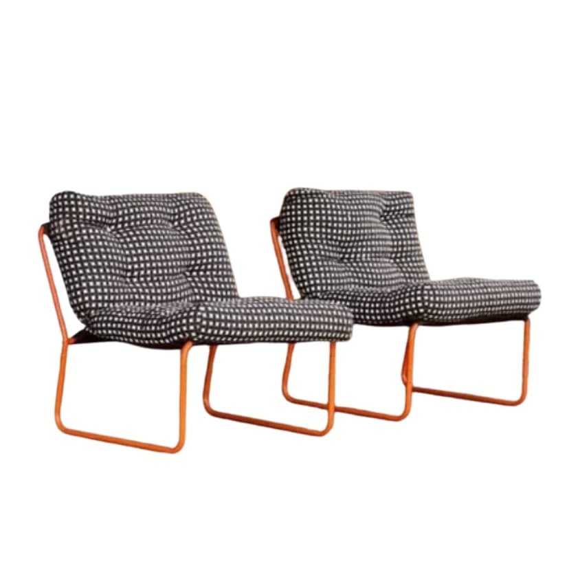 Pair of armchairs Space Age, orange metal, brown and white fabric, Poland, 1970s.