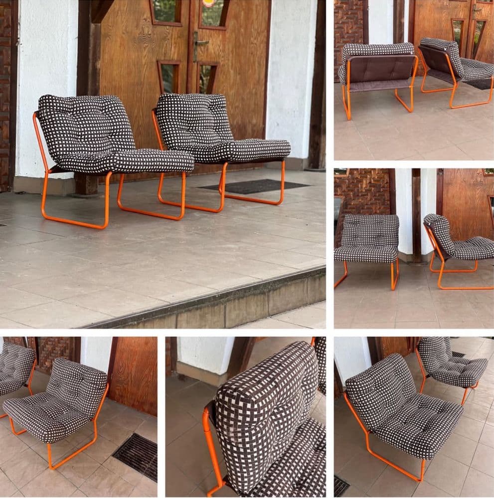 Pair of armchairs Space Age, orange metal, brown and white fabric, Poland, 1970s. - 308466
