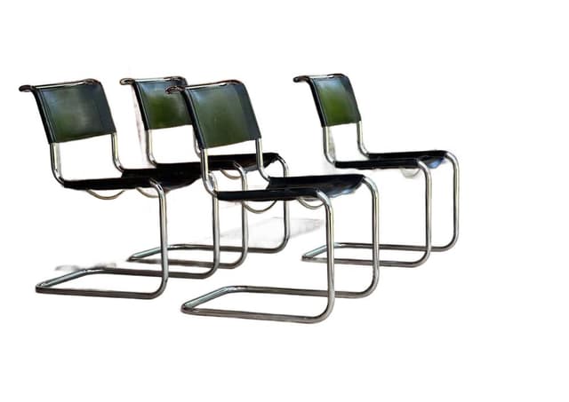Zestaw czterech krzeseł S33, czarny, tworzywo, chrom srebrny, proj. M. Stam, Thonet, Niemcy, lata 30. - WYMIARY