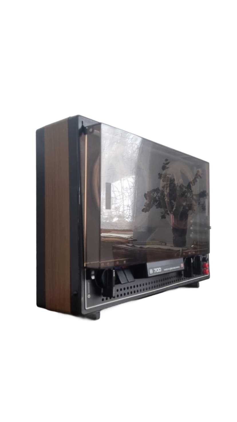 Reel-to-reel tape recorder B700, brown wood veneer, transparent plastic, silver metal, Czechoslovakia, 1970s.