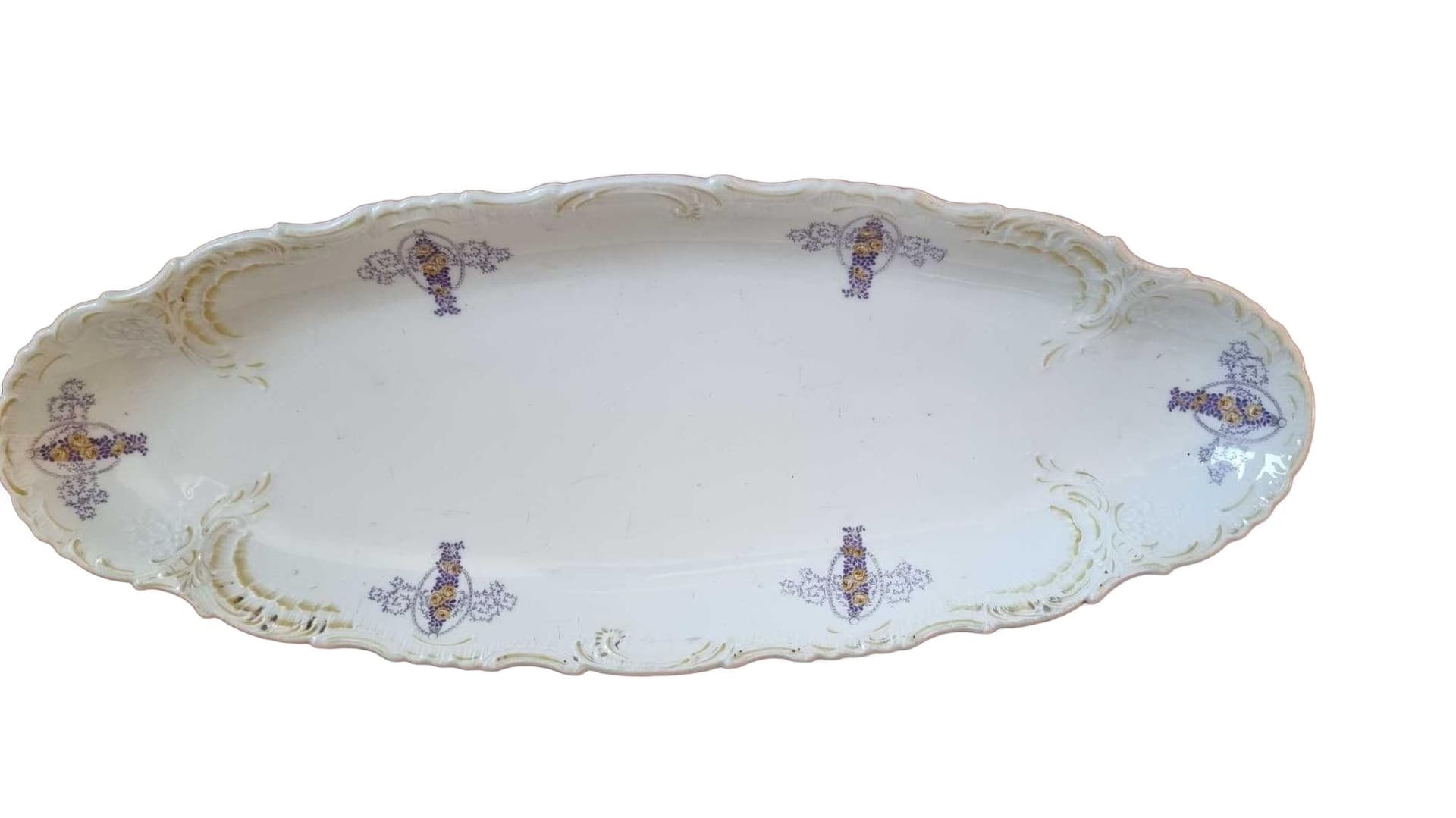 Patera na rybę, biała żółta fioletowa, porcelana, początek XX w.