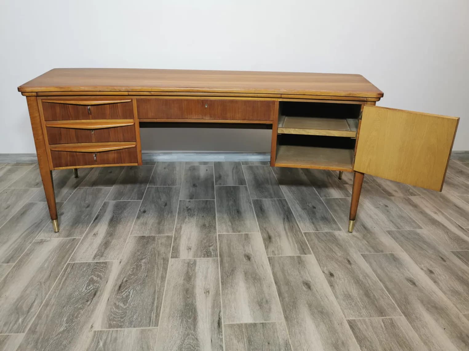 Desk, brown wood, brass, Czechoslovakia, 1960s. - 308590