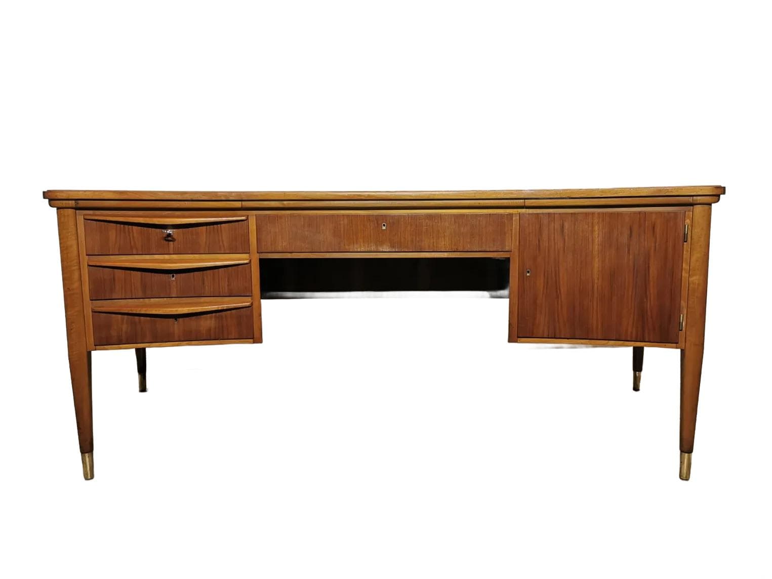 Desk, brown wood, brass, Czechoslovakia, 1960s.