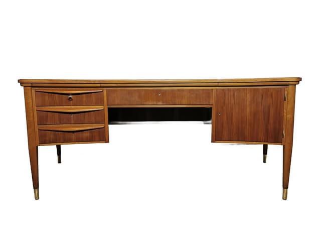 Desk, brown wood, brass, Czechoslovakia, 1960s. - DIMENSION