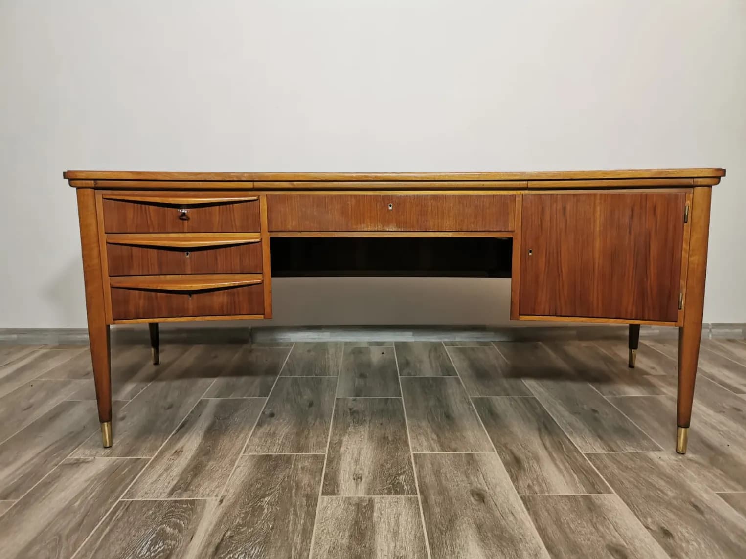 Desk, brown wood, brass, Czechoslovakia, 1960s. - 308591
