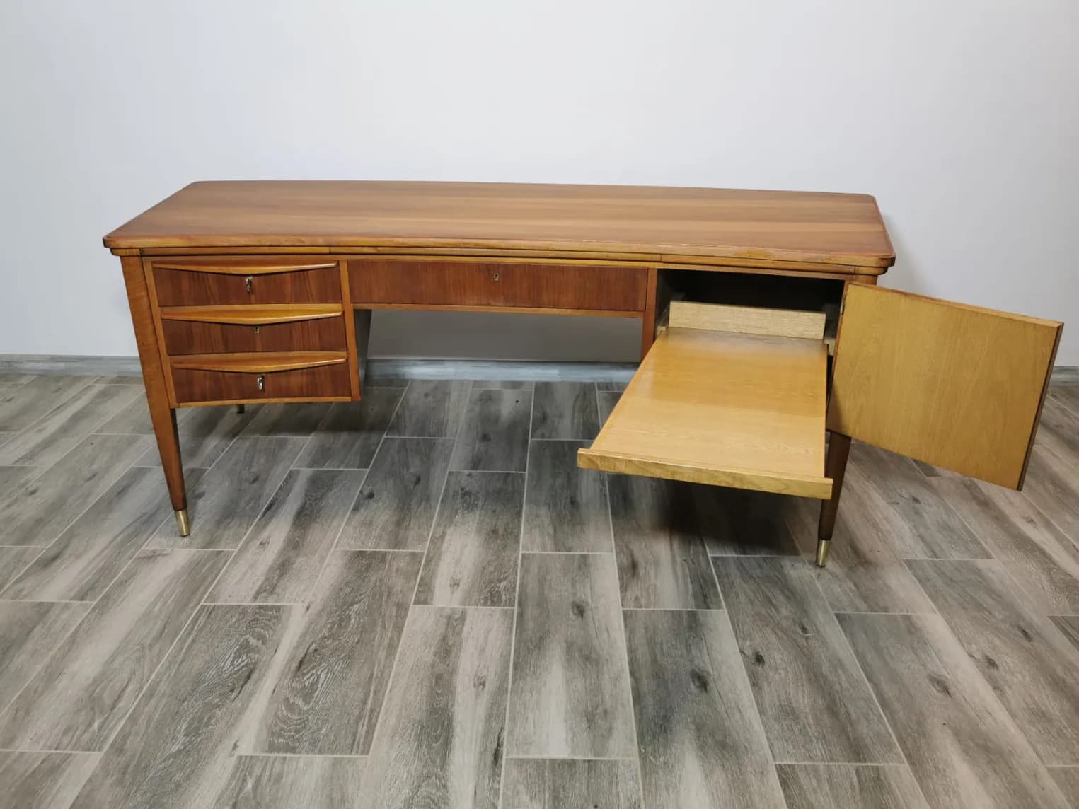 Desk, brown wood, brass, Czechoslovakia, 1960s. - 308588