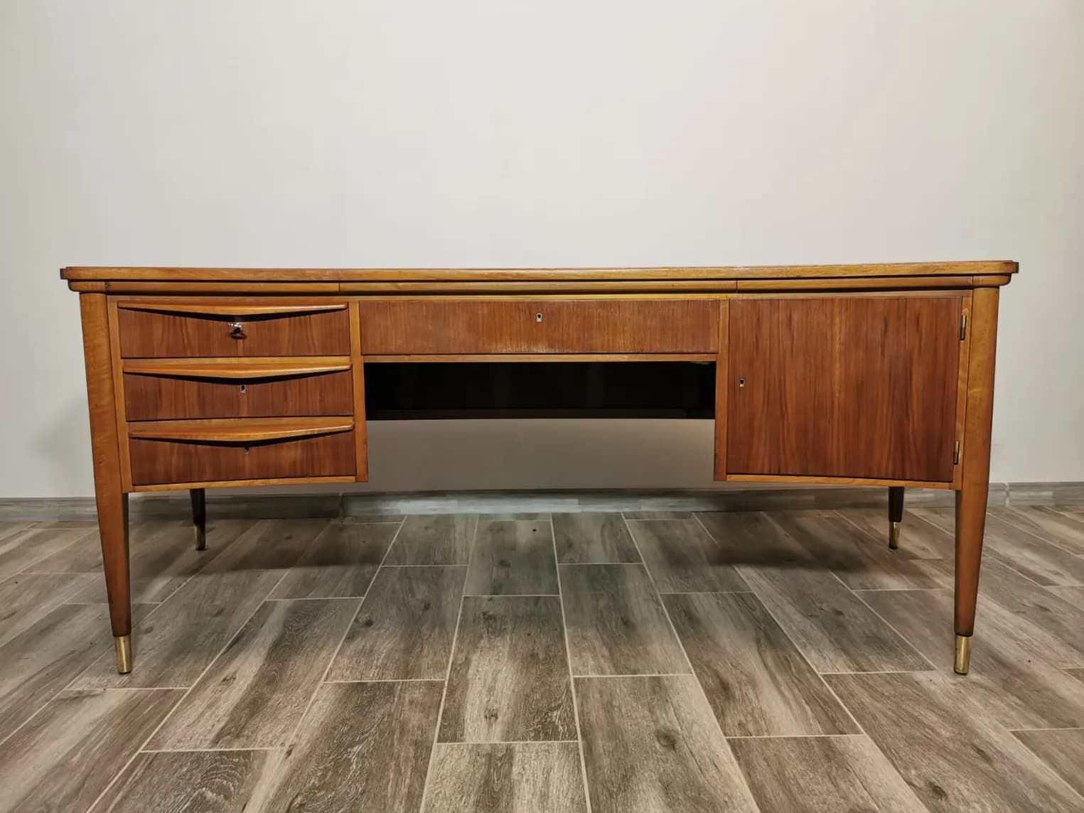 Desk, brown wood, brass, Czechoslovakia, 1960s. - 308587