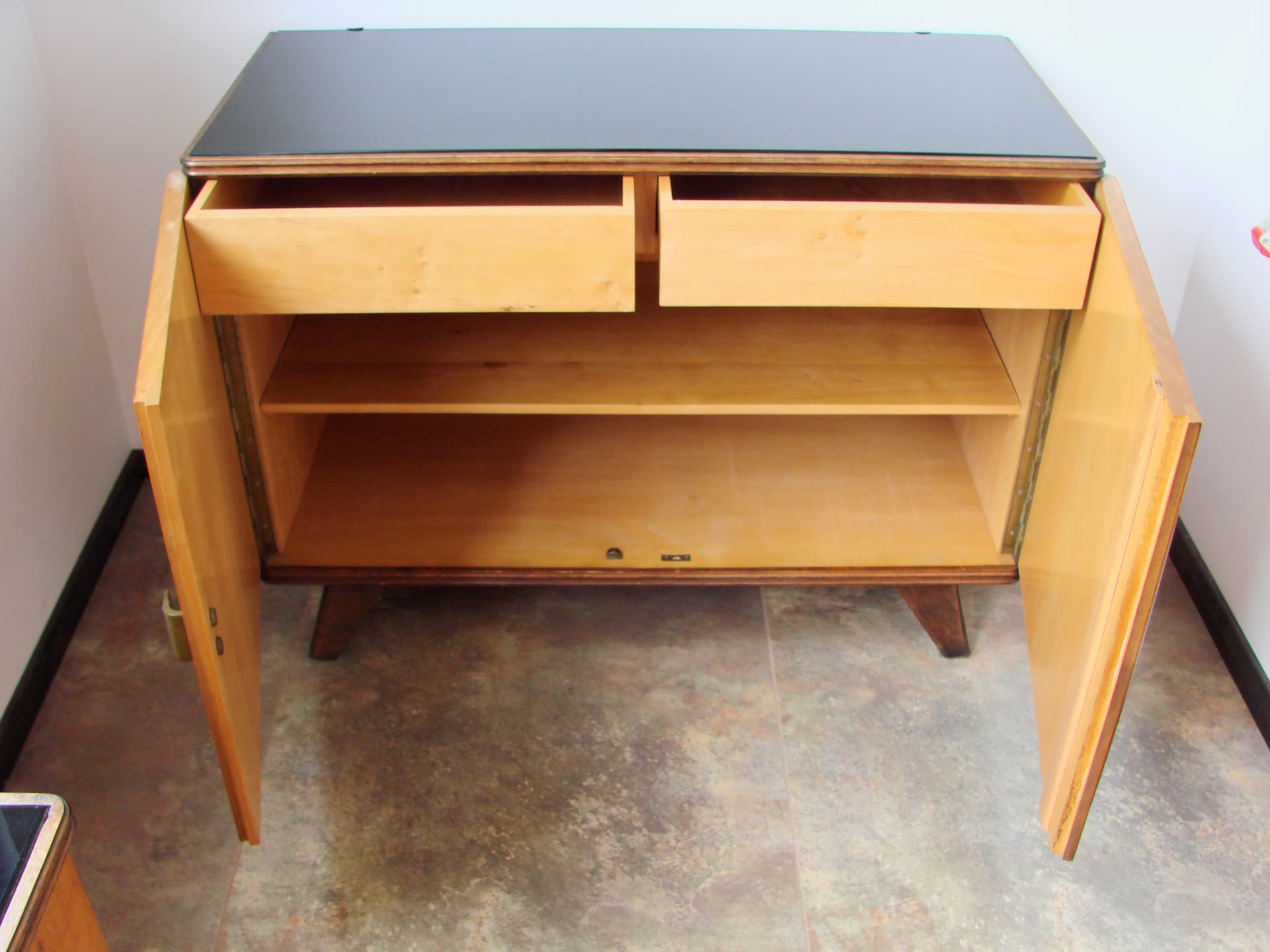 Sideboard Mid-Century Modern, brown wood, black glass, 1960s - 308609