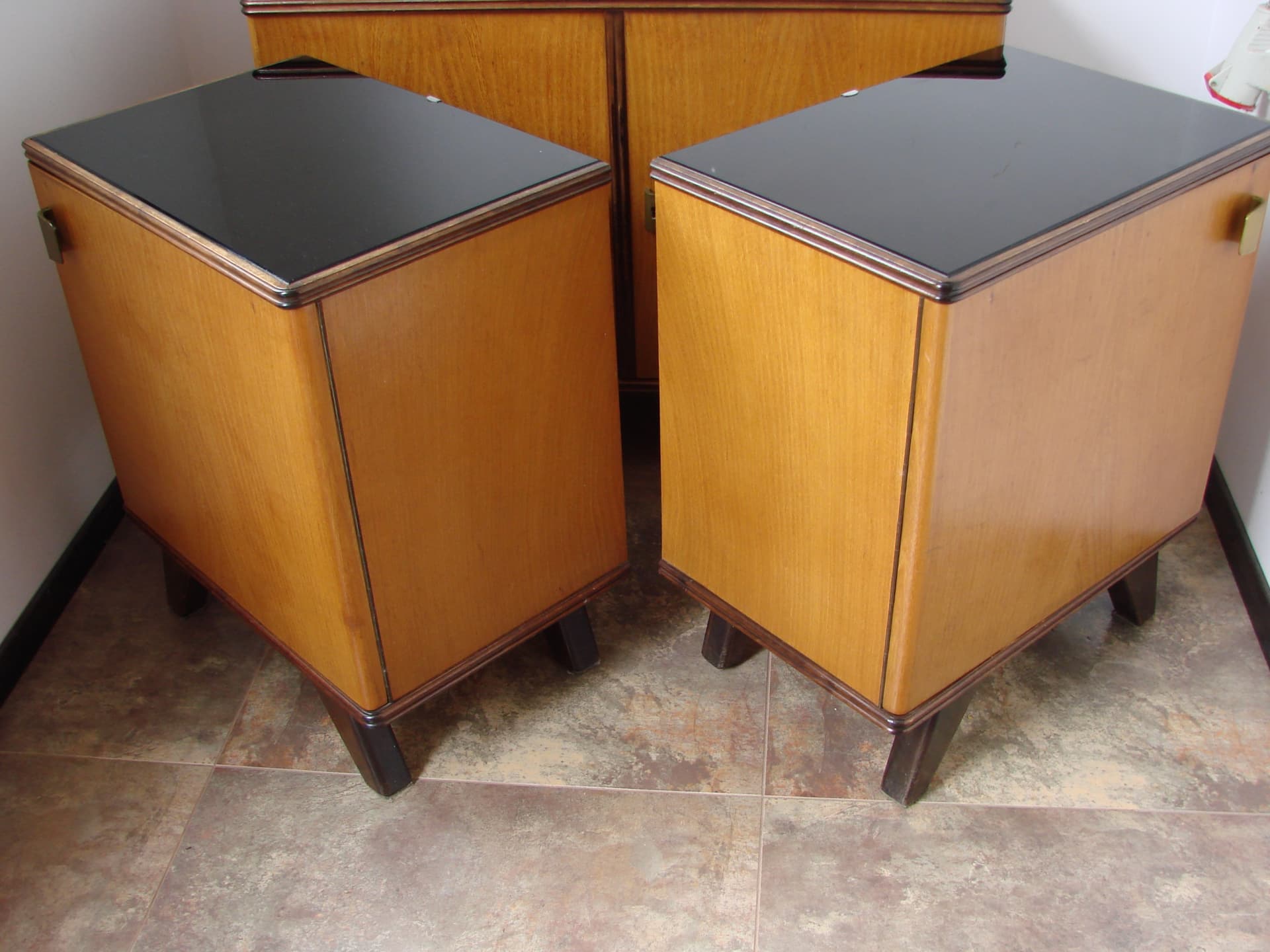 Set of nightstands, brown oak, black glass, 1960s. - 308613