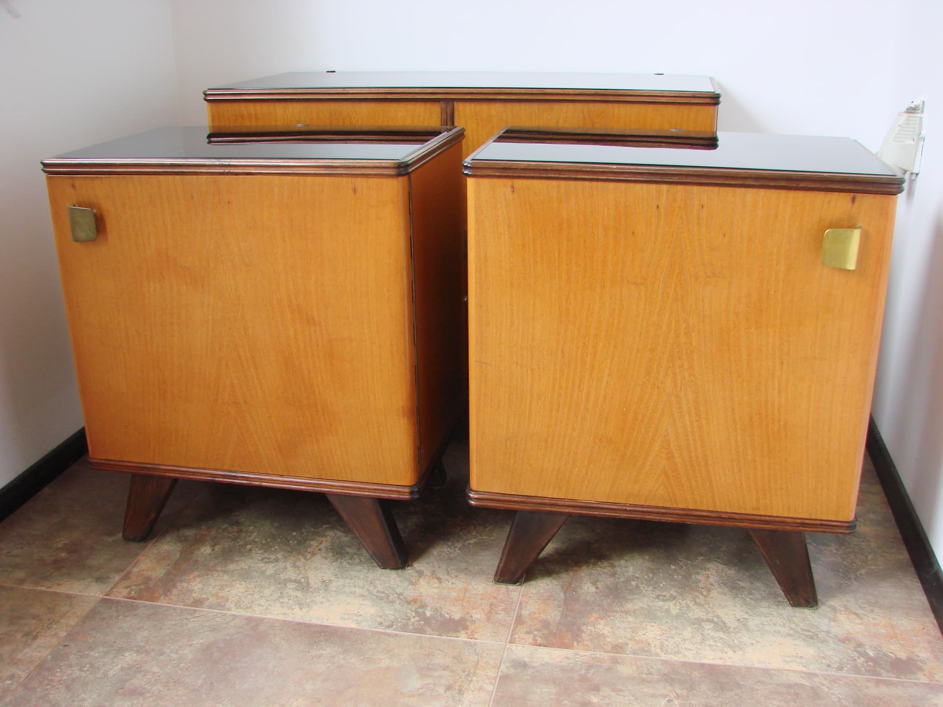 Set of nightstands, brown oak, black glass, 1960s. - 308618