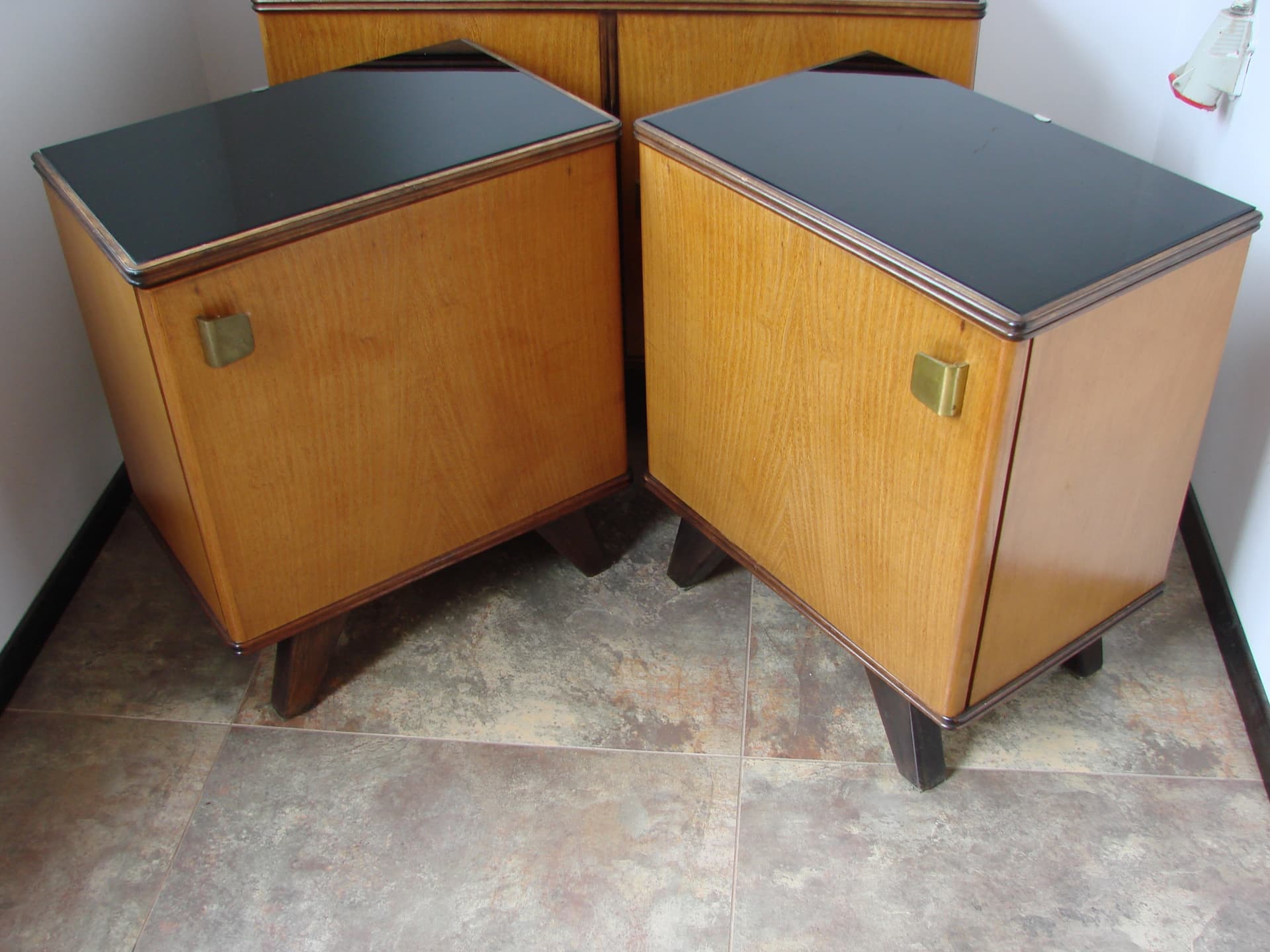 Set of nightstands, brown oak, black glass, 1960s. - 308611