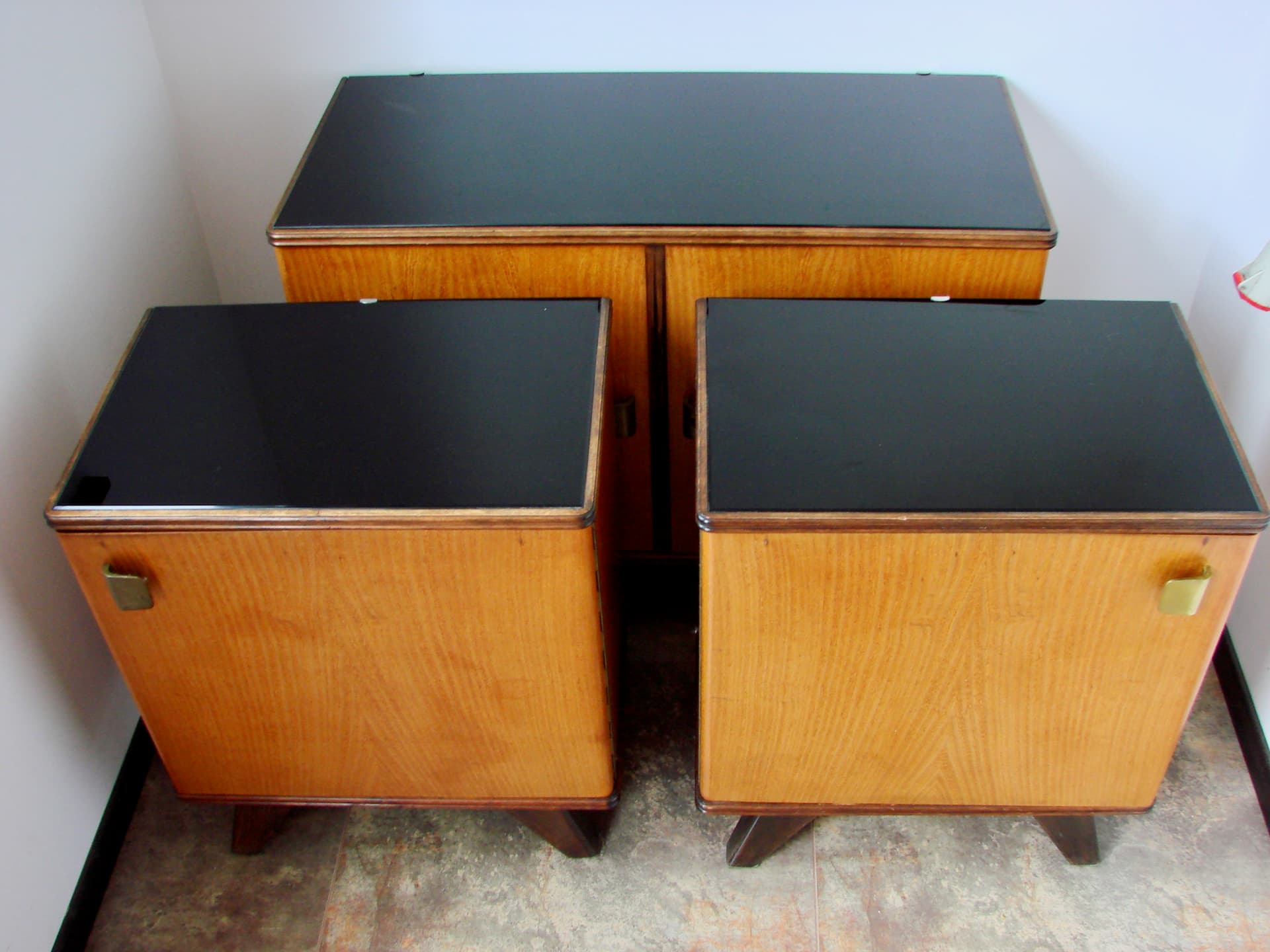 Set of nightstands, brown oak, black glass, 1960s. - 308617
