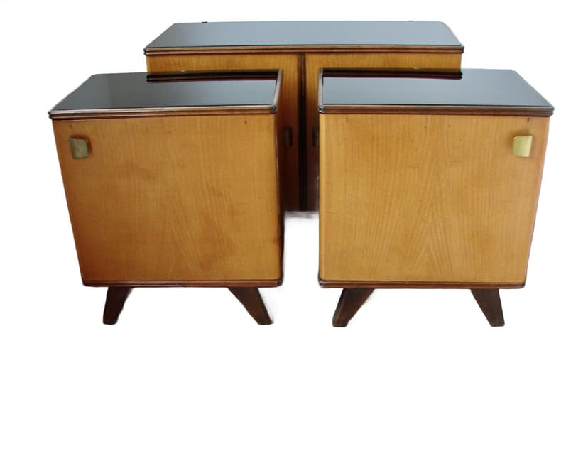 Set of nightstands, brown oak, black glass, 1960s.