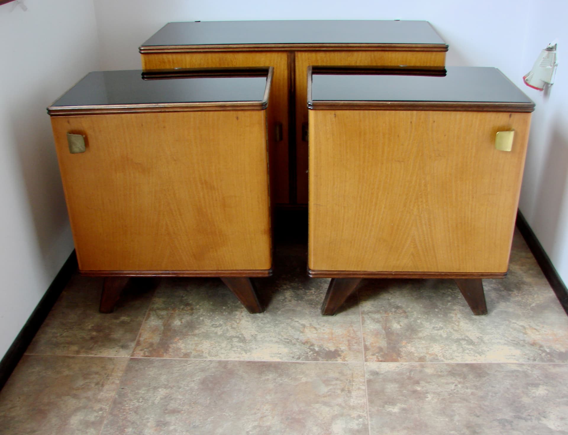 Set of nightstands, brown oak, black glass, 1960s. - 308610