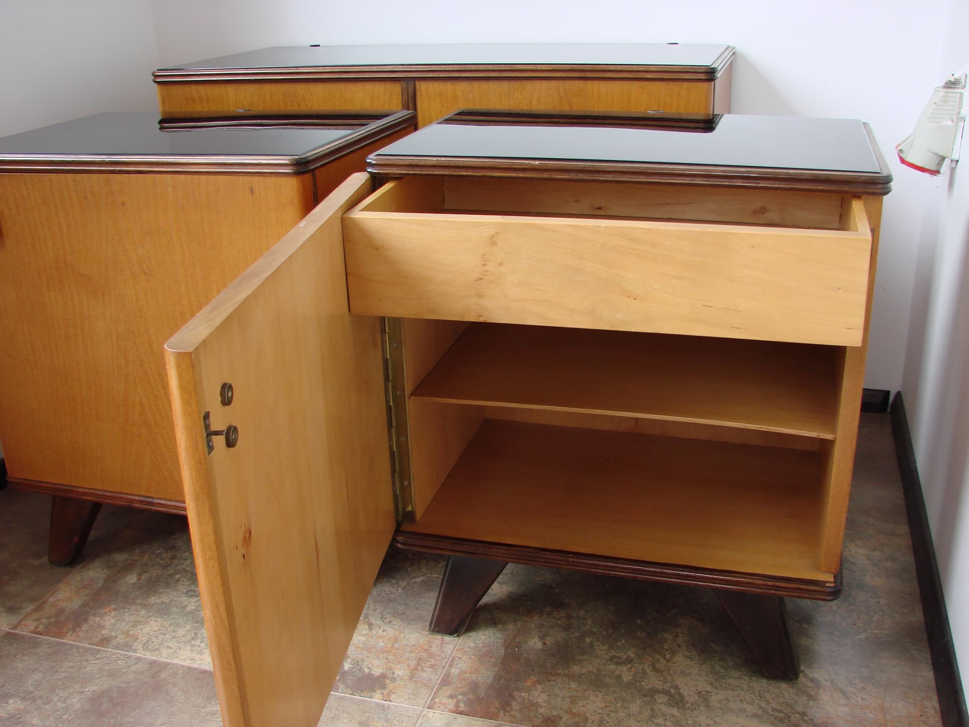 Set of nightstands, brown oak, black glass, 1960s. - 308616