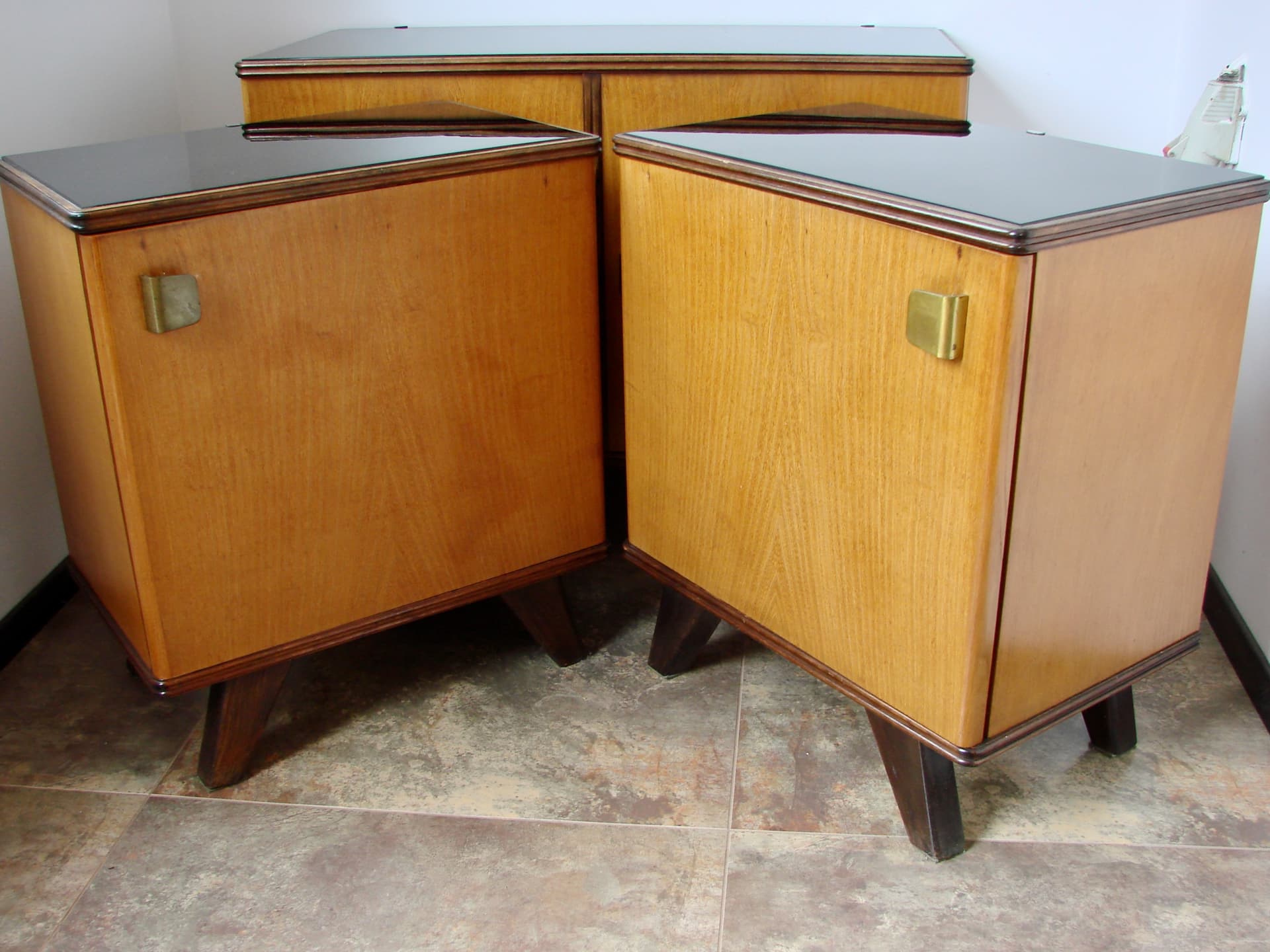 Set of nightstands, brown oak, black glass, 1960s. - 308612
