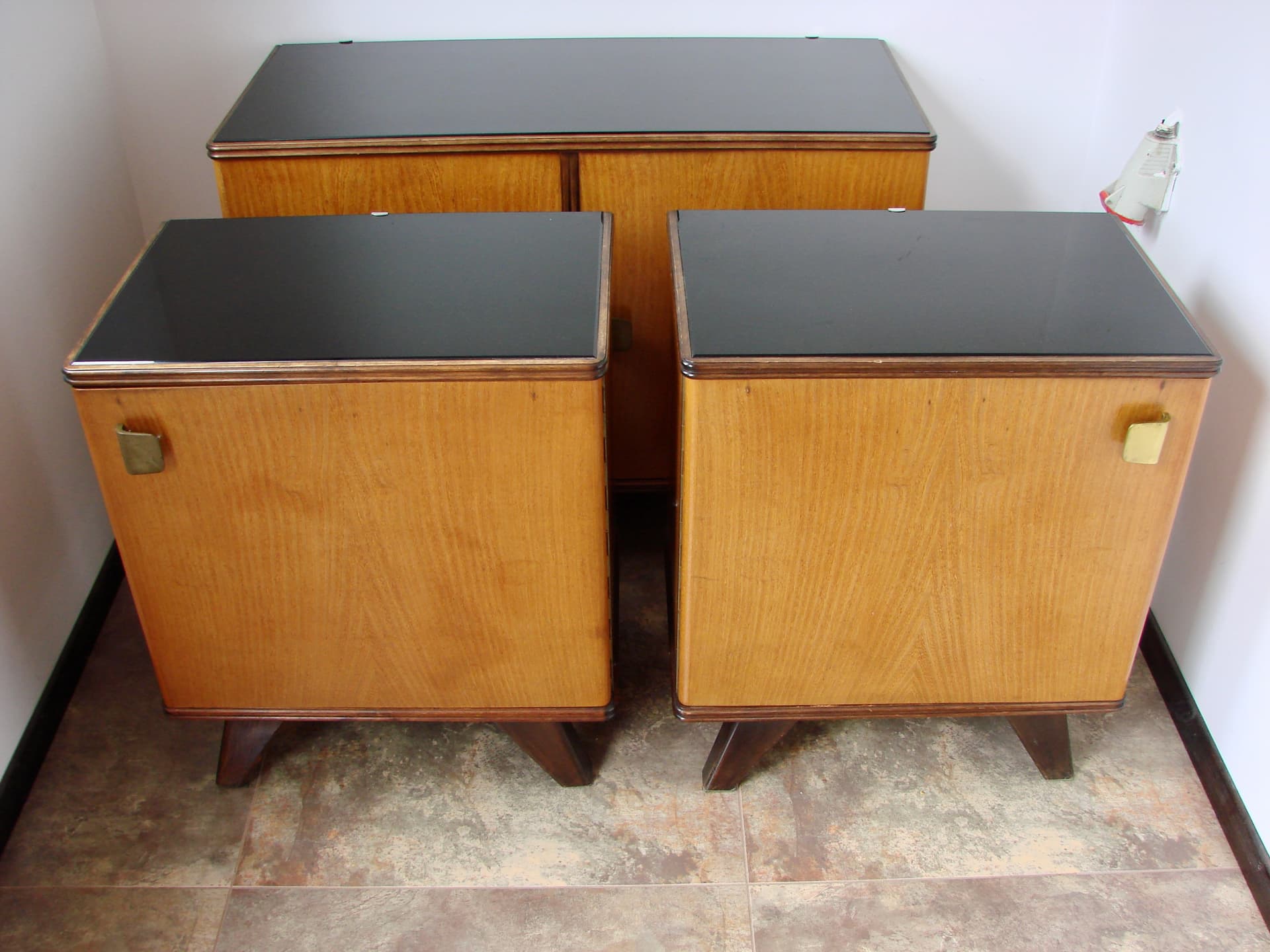 Set of nightstands, brown oak, black glass, 1960s. - 308614