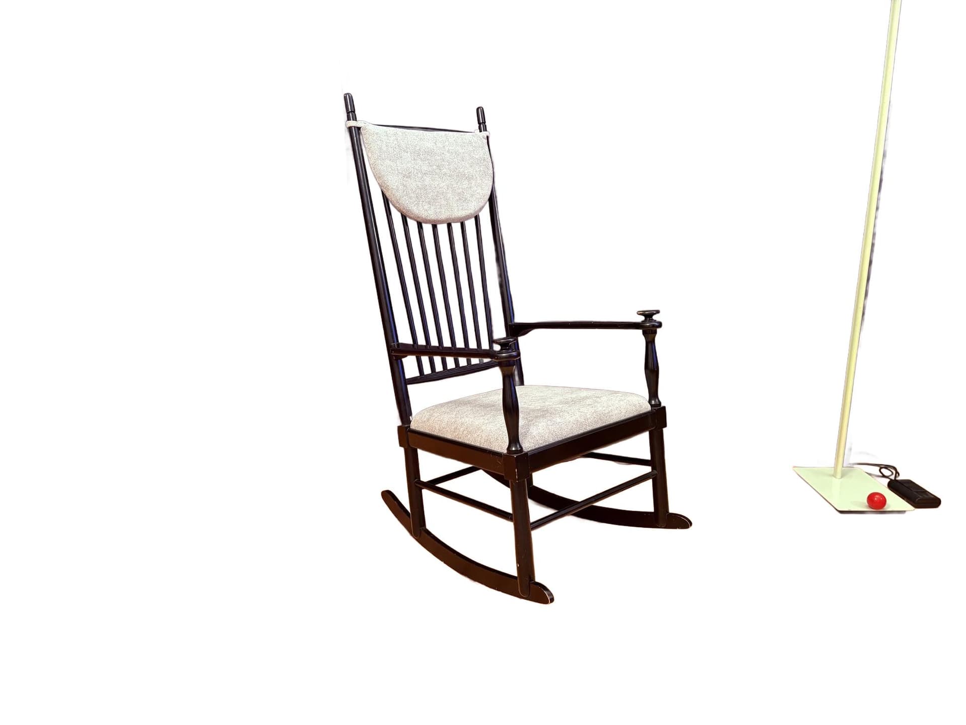 Rocking chair Isabella, black wood, grey fabric, by K.-A. Adolfsson, Gemla Möbler, Sweden, 1950s.