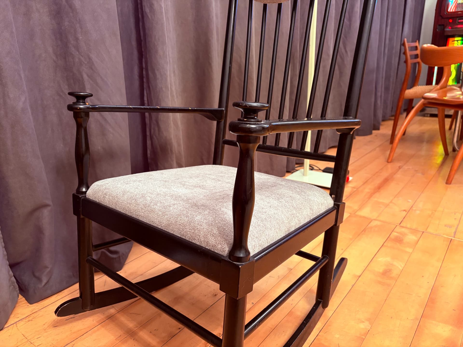 Rocking chair Isabella, black wood, grey fabric, by K.-A. Adolfsson, Gemla Möbler, Sweden, 1950s. - 308630