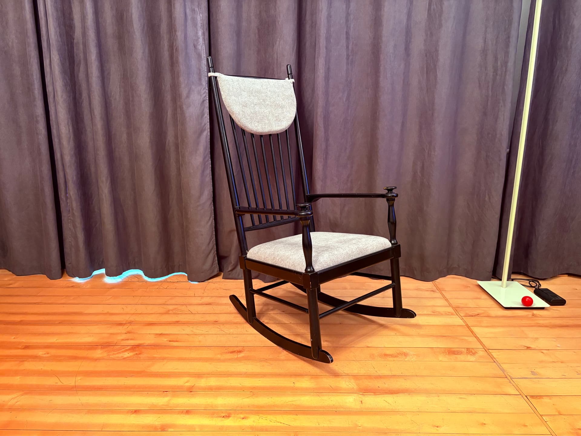 Rocking chair Isabella, black wood, grey fabric, by K.-A. Adolfsson, Gemla Möbler, Sweden, 1950s. - 308621