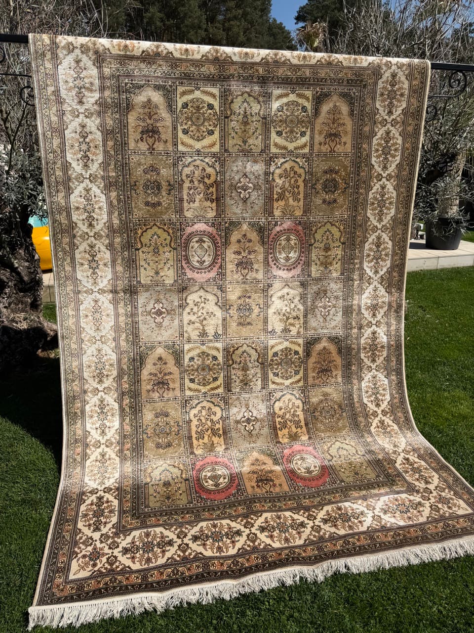 Rug Ghoum/Qom 300x190 cm, beige gold green brown pink silk, Iran - 308635