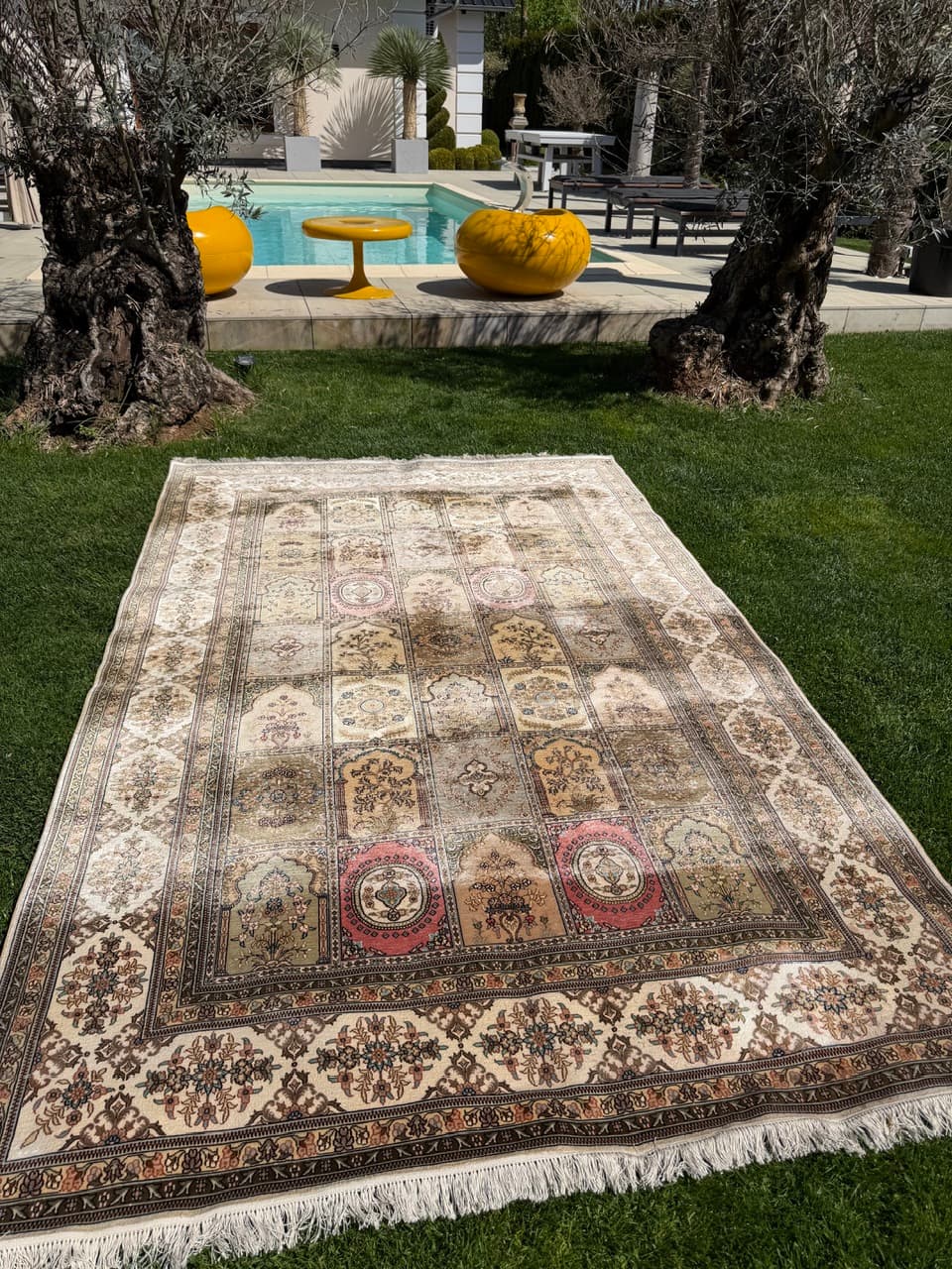 Rug Ghoum/Qom 300x190 cm, beige gold green brown pink silk, Iran - 308638