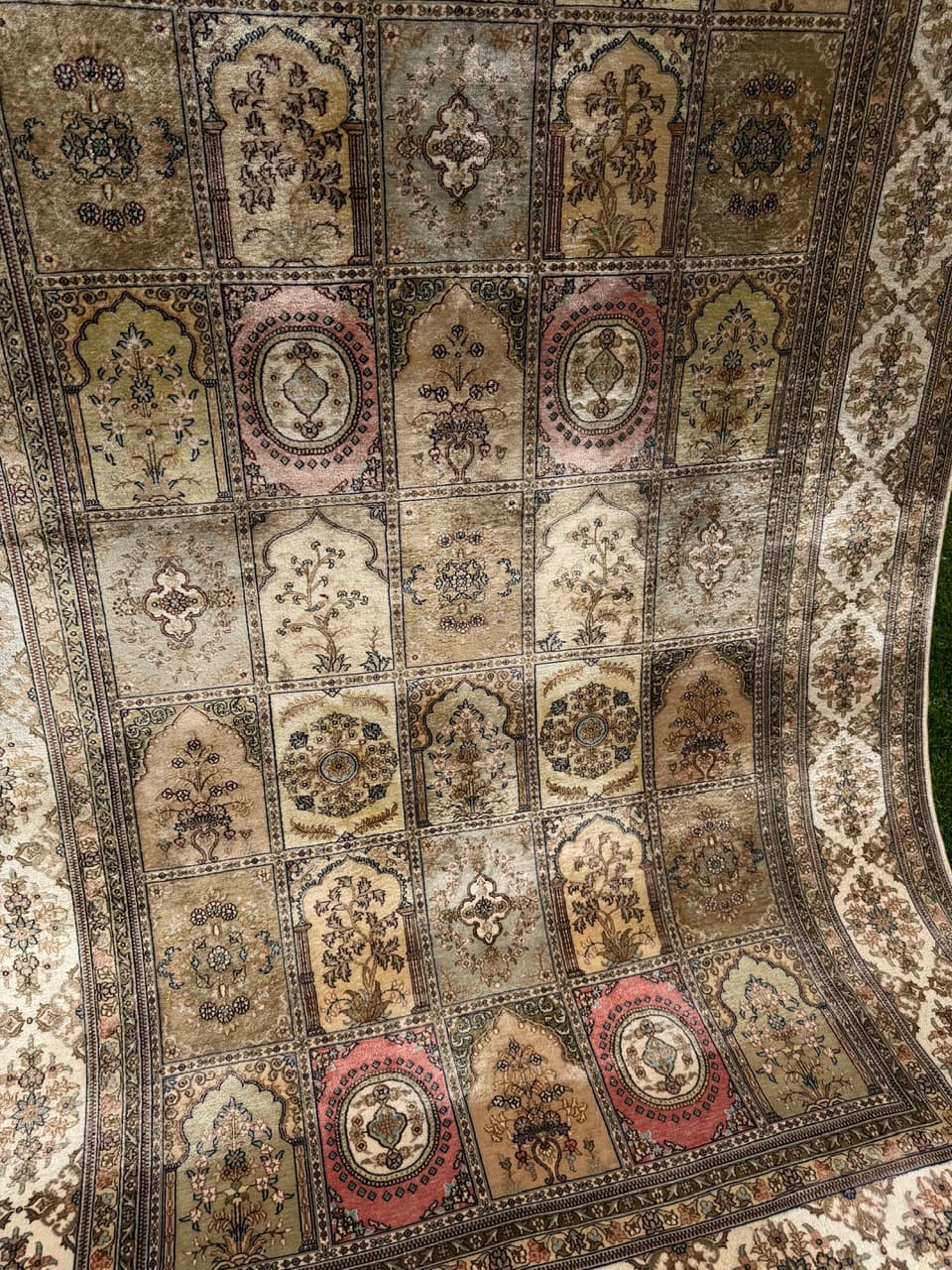 Rug Ghoum/Qom 300x190 cm, beige gold green brown pink silk, Iran - 308644