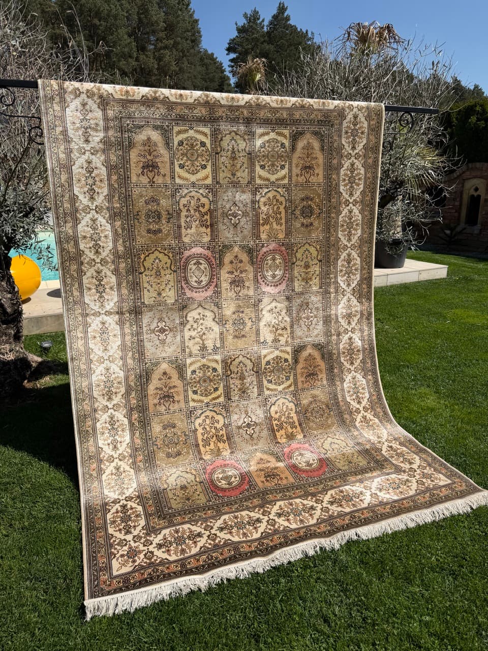 Rug Ghoum/Qom 300x190 cm, beige gold green brown pink silk, Iran - 308636
