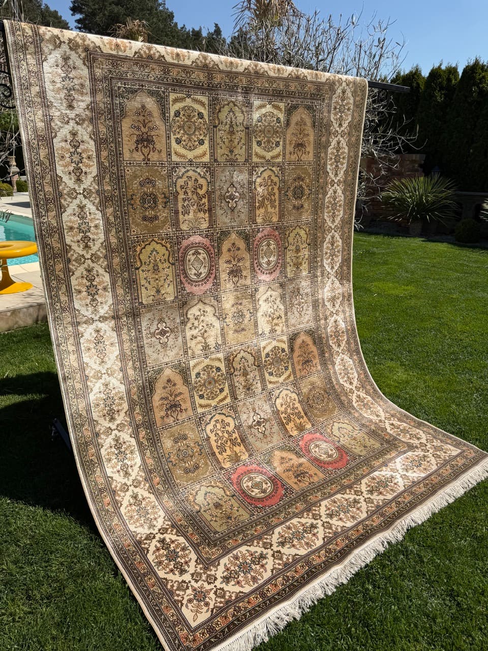 Rug Ghoum/Qom 300x190 cm, beige gold green brown pink silk, Iran - 308647