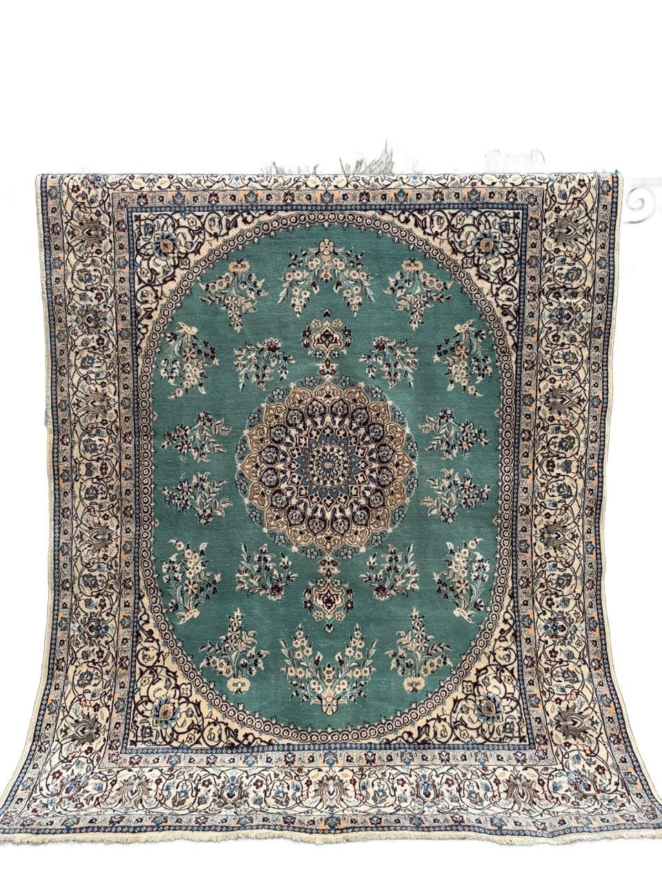 Persian Rug Nain 250x200 cm, turquoise-green, wool silk, Iran