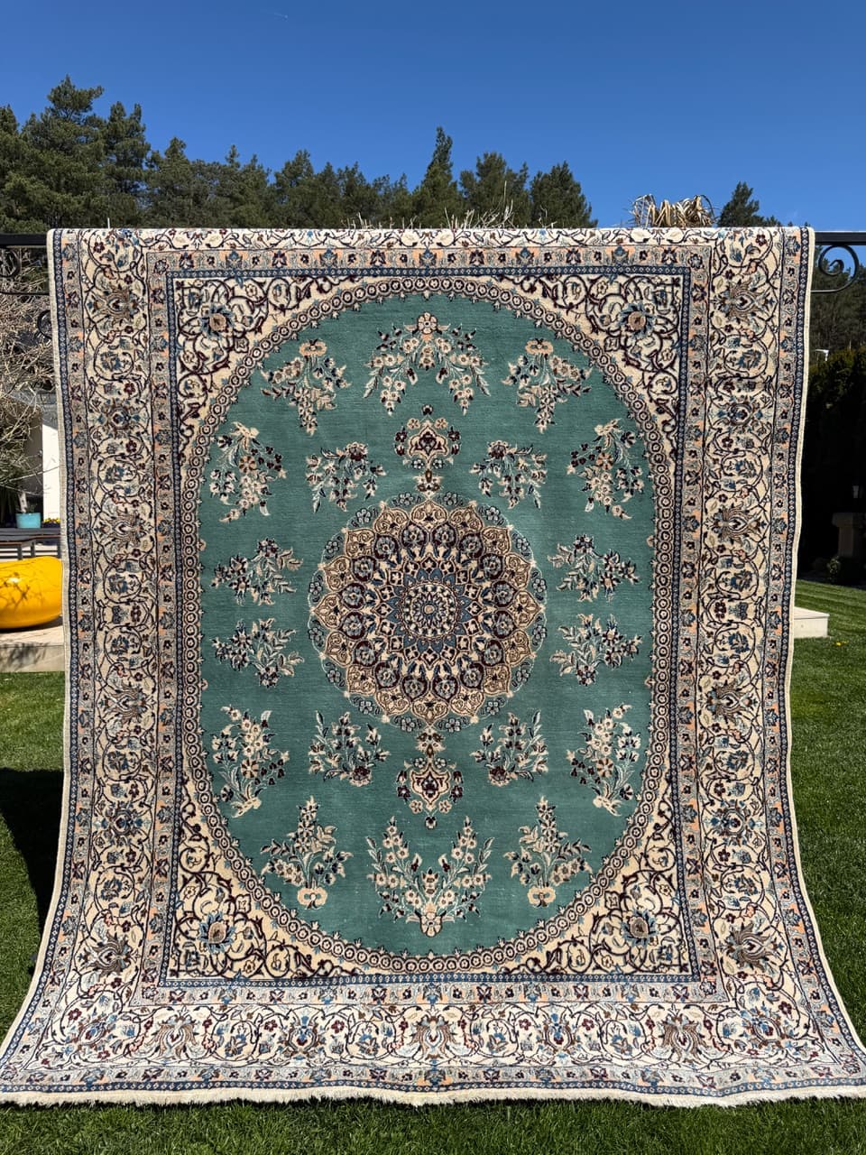 Persian Rug Nain 250x200 cm, turquoise-green, wool silk, Iran - 308653