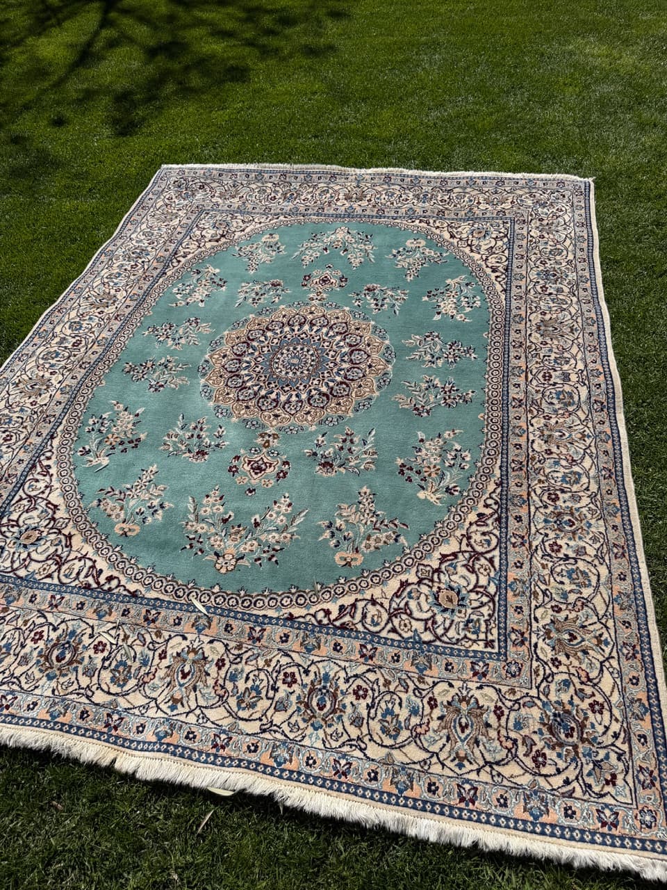 Persian Rug Nain 250x200 cm, turquoise-green, wool silk, Iran - 308659