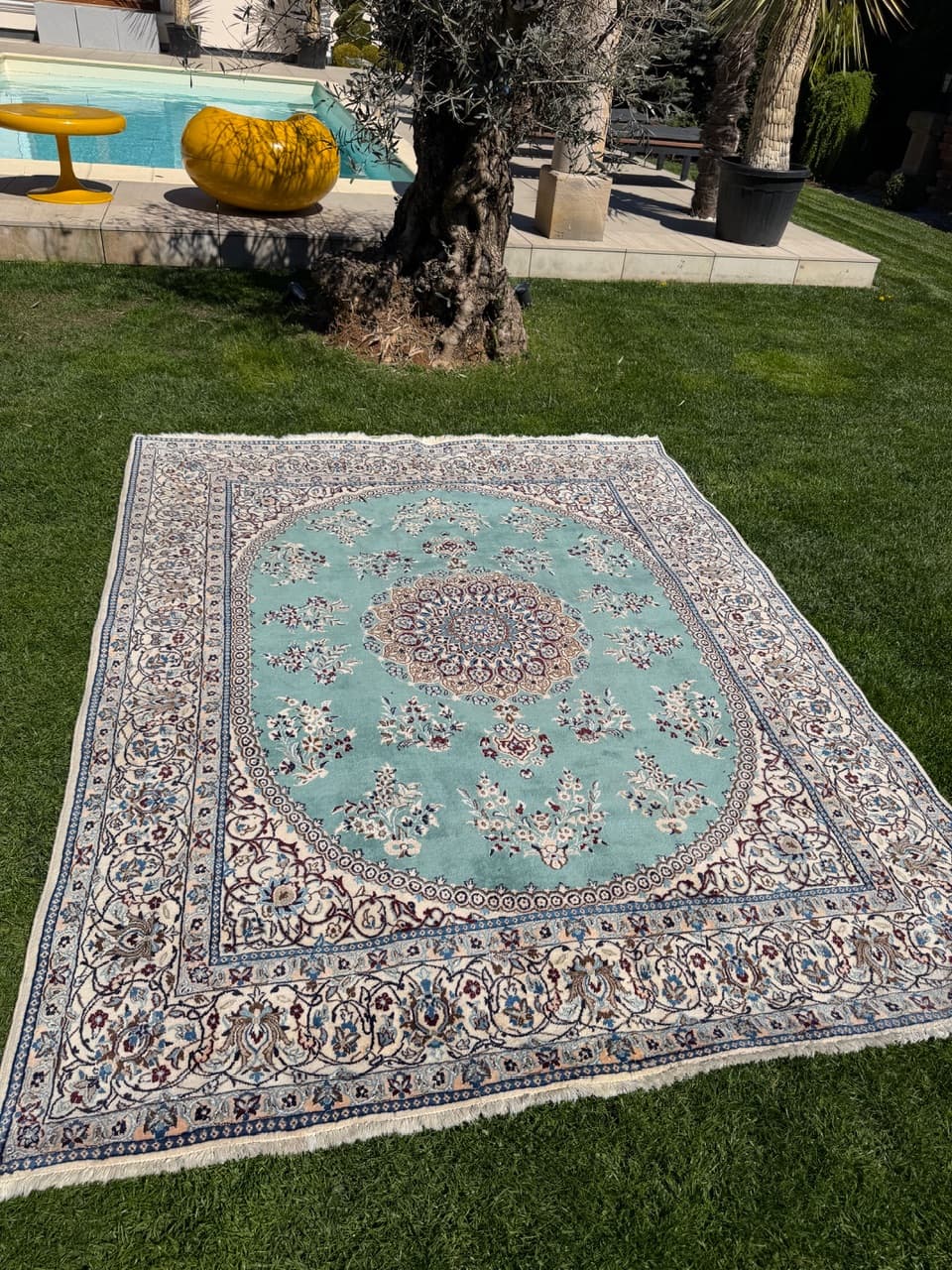 Persian Rug Nain 250x200 cm, turquoise-green, wool silk, Iran - 308657