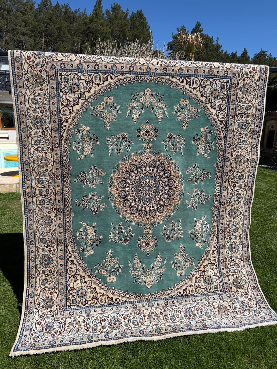 Persian Rug Nain 250x200 cm, turquoise-green, wool silk, Iran - 308650