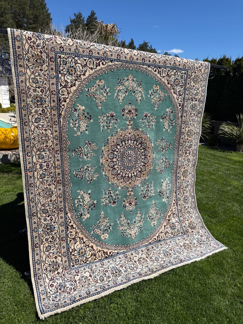 Persian Rug Nain 250x200 cm, turquoise-green, wool silk, Iran - 308651