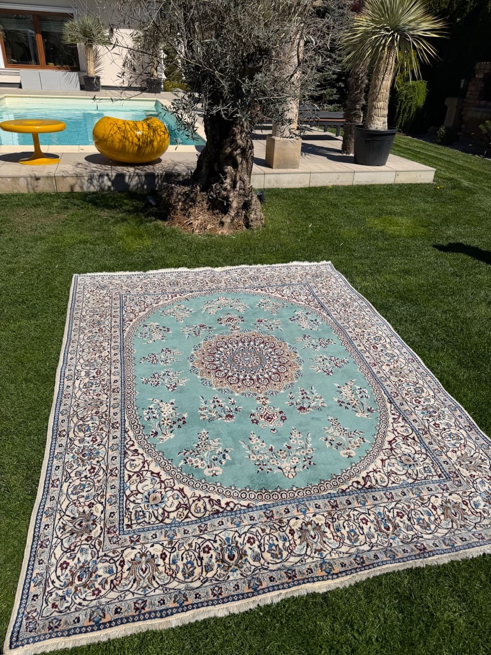 Persian Rug Nain 250x200 cm, turquoise-green, wool silk, Iran - 308656