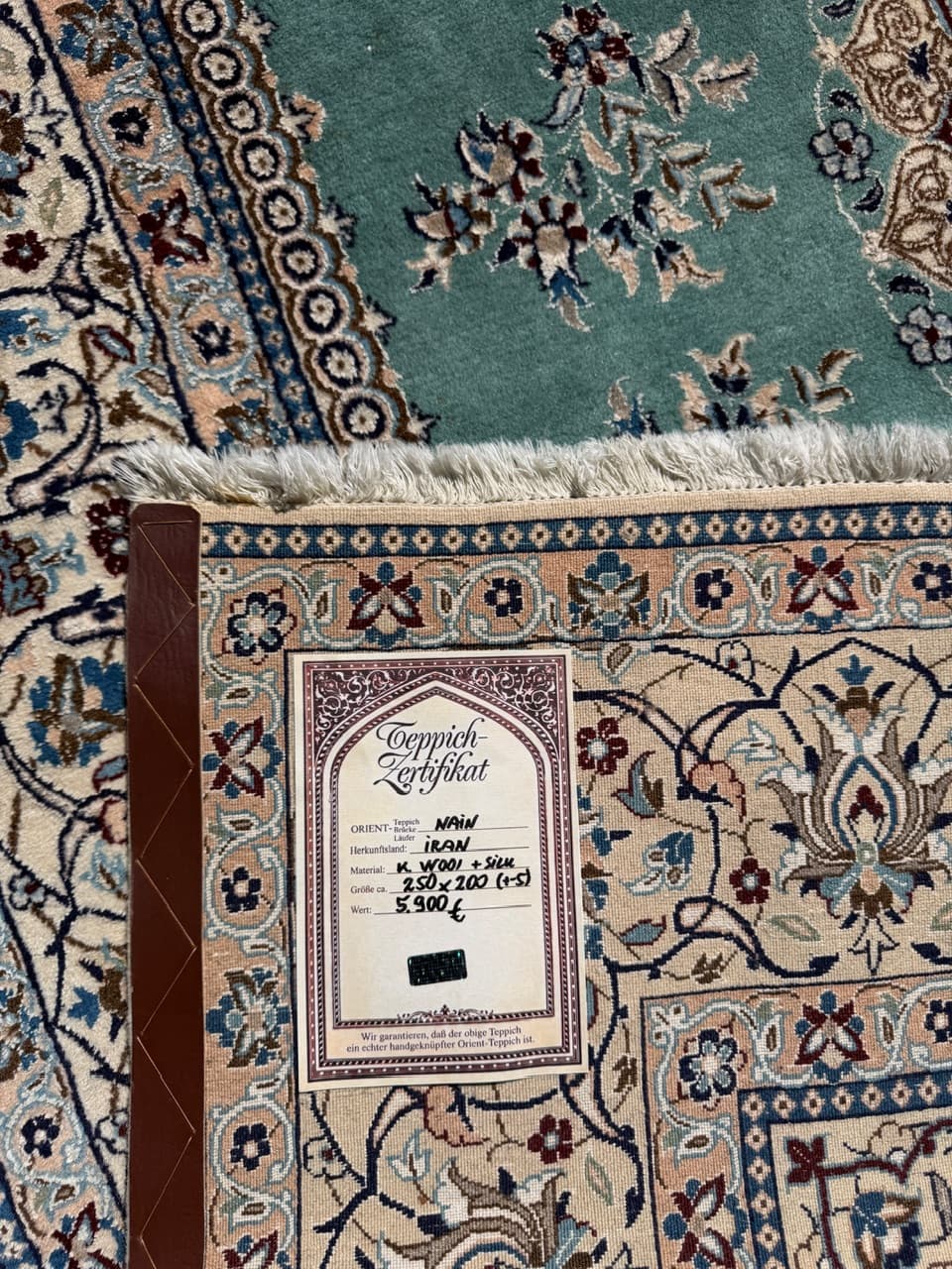 Persian Rug Nain 250x200 cm, turquoise-green, wool silk, Iran - 308662